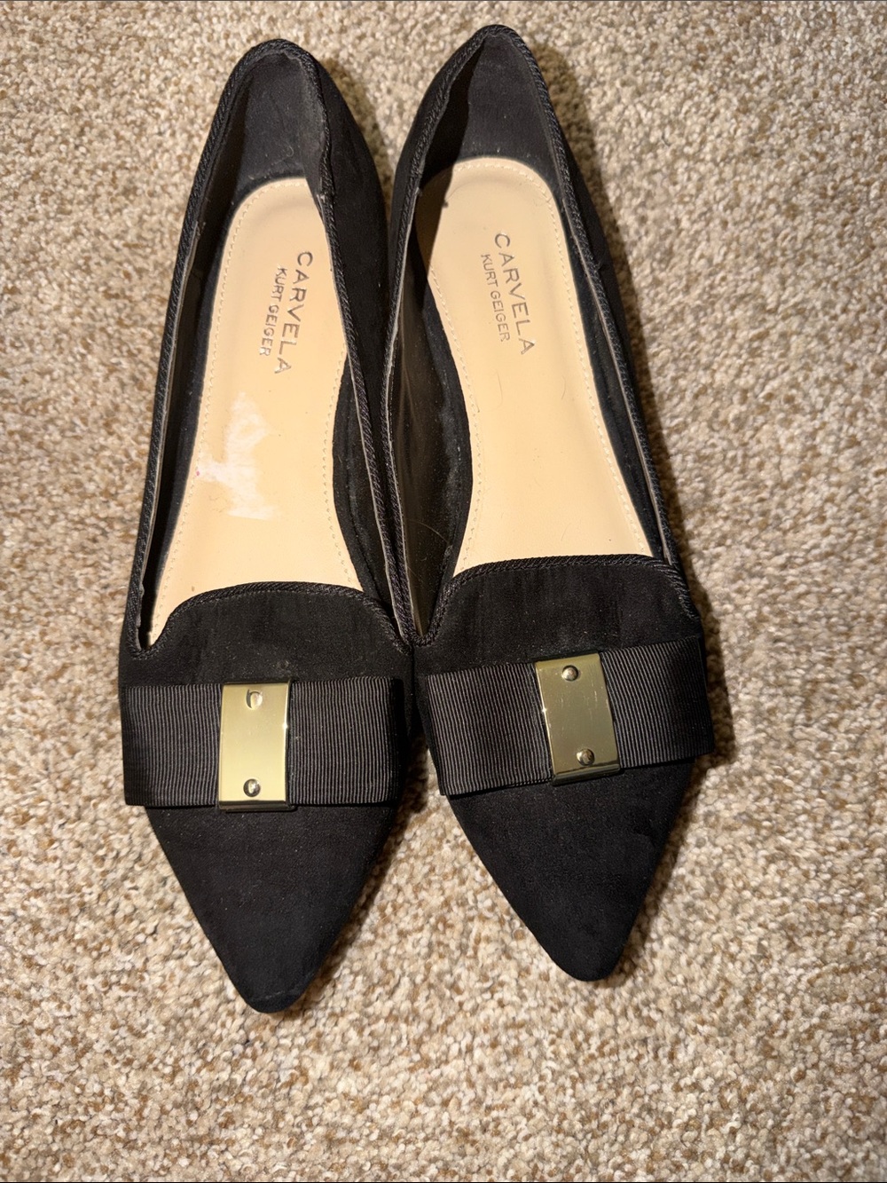 Kurt Geiger London Carvela Black Pointed Suede Flats with Gold Bow Accent size 6